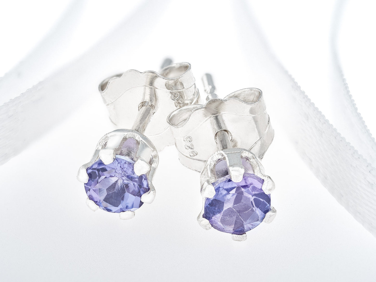 Tanzanite Earrings - 3mm Diamond Cut. Violet to Light Purple Color. Sterling Silver, 6-Prong Studs.