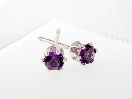 Rich Purple!  Natural, 3mm Diamond Cut, African Amethyst Earrings! Sterling Silver, 6-Prong Studs.