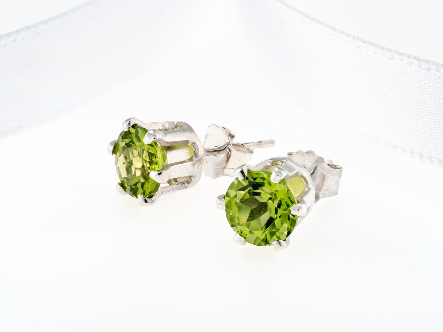 Striking Green Peridot Earrings.  6mm Round, Faceted.  Sterling Silver Earrings with Butterfly and Bullet Backs.