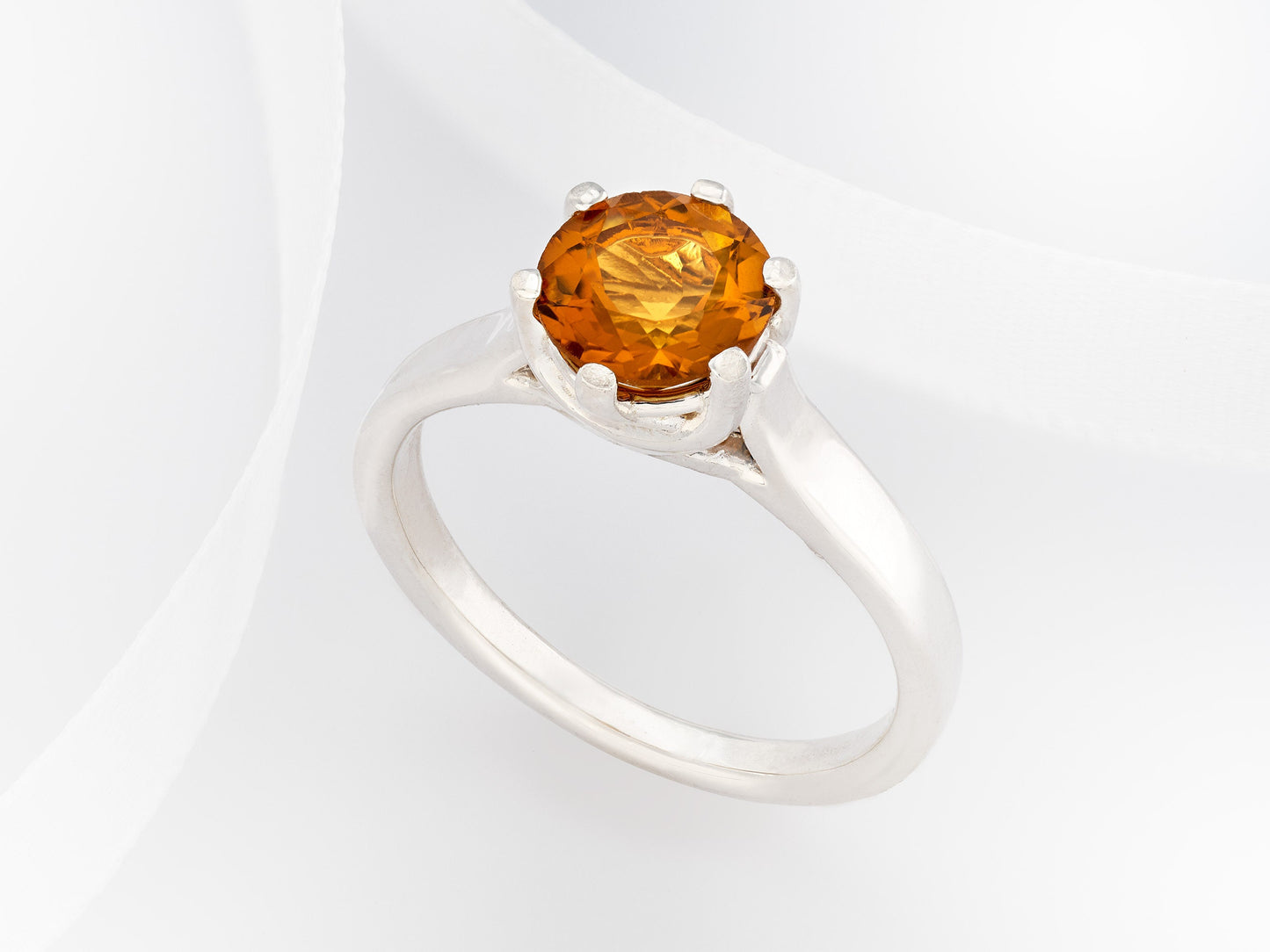 Bright, sparkling golden yellow orange citrine ring from Brazil! 7mm round, faceted, natural grade AAA citrine. weave cathedral style.