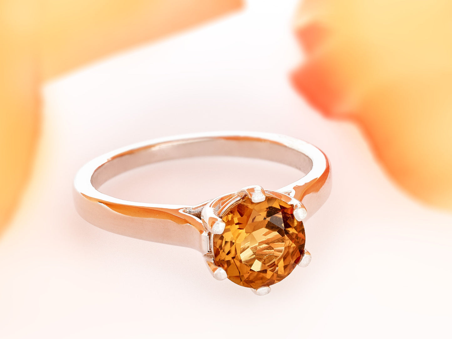 Bright, sparkling golden yellow orange citrine ring from Brazil! 7mm round, faceted, natural grade AAA citrine. weave cathedral style.