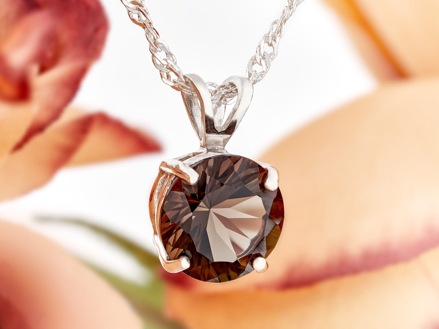 Natural, Large Brazilian Smoky Quartz Pendant Necklace! 10mm Round Concave Cut, Grade AAA. Premium Sterling Silver.