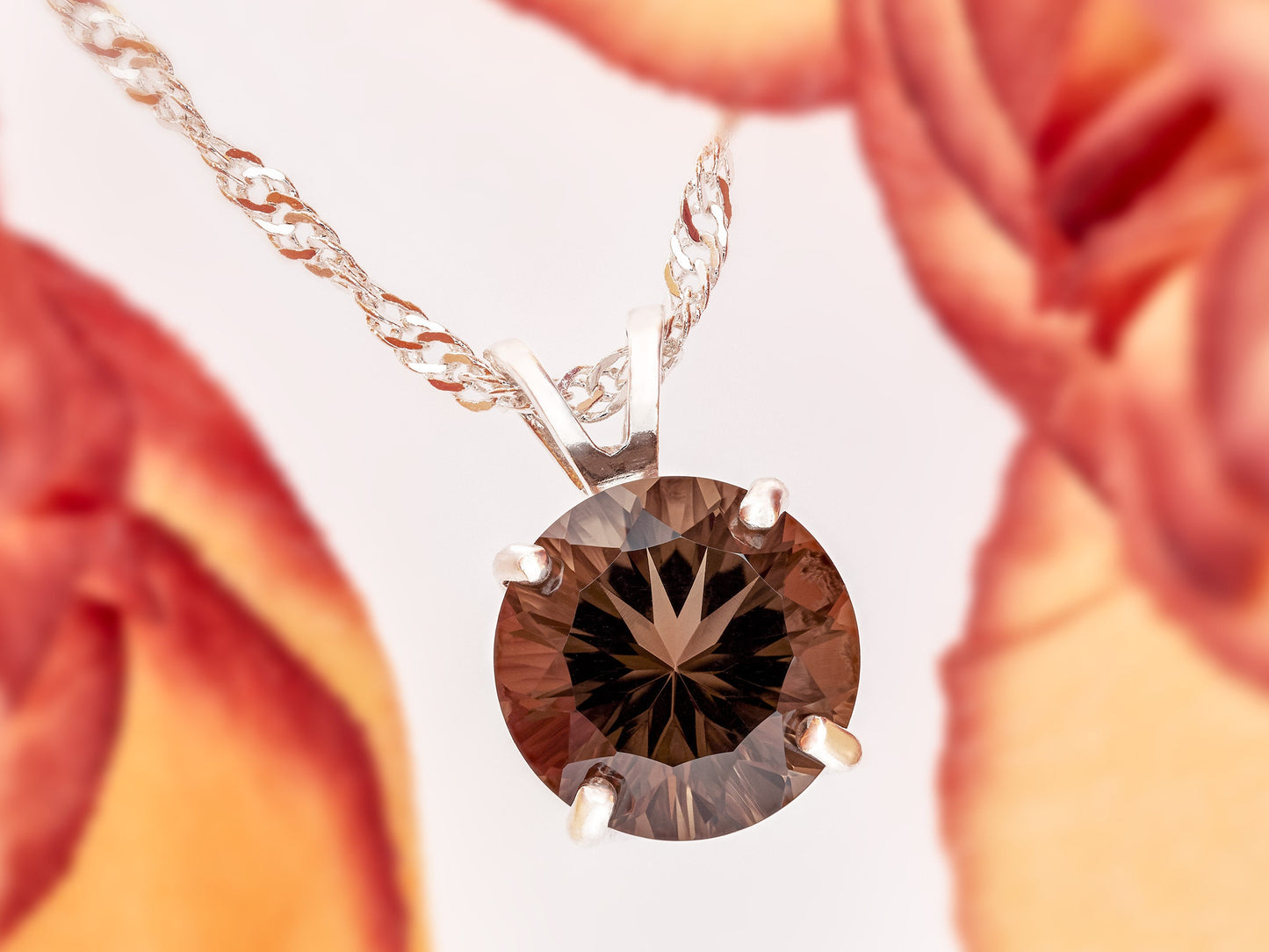 Natural, Large Brazilian Smoky Quartz Pendant Necklace! 10mm Round Concave Cut, Grade AAA. Premium Sterling Silver.