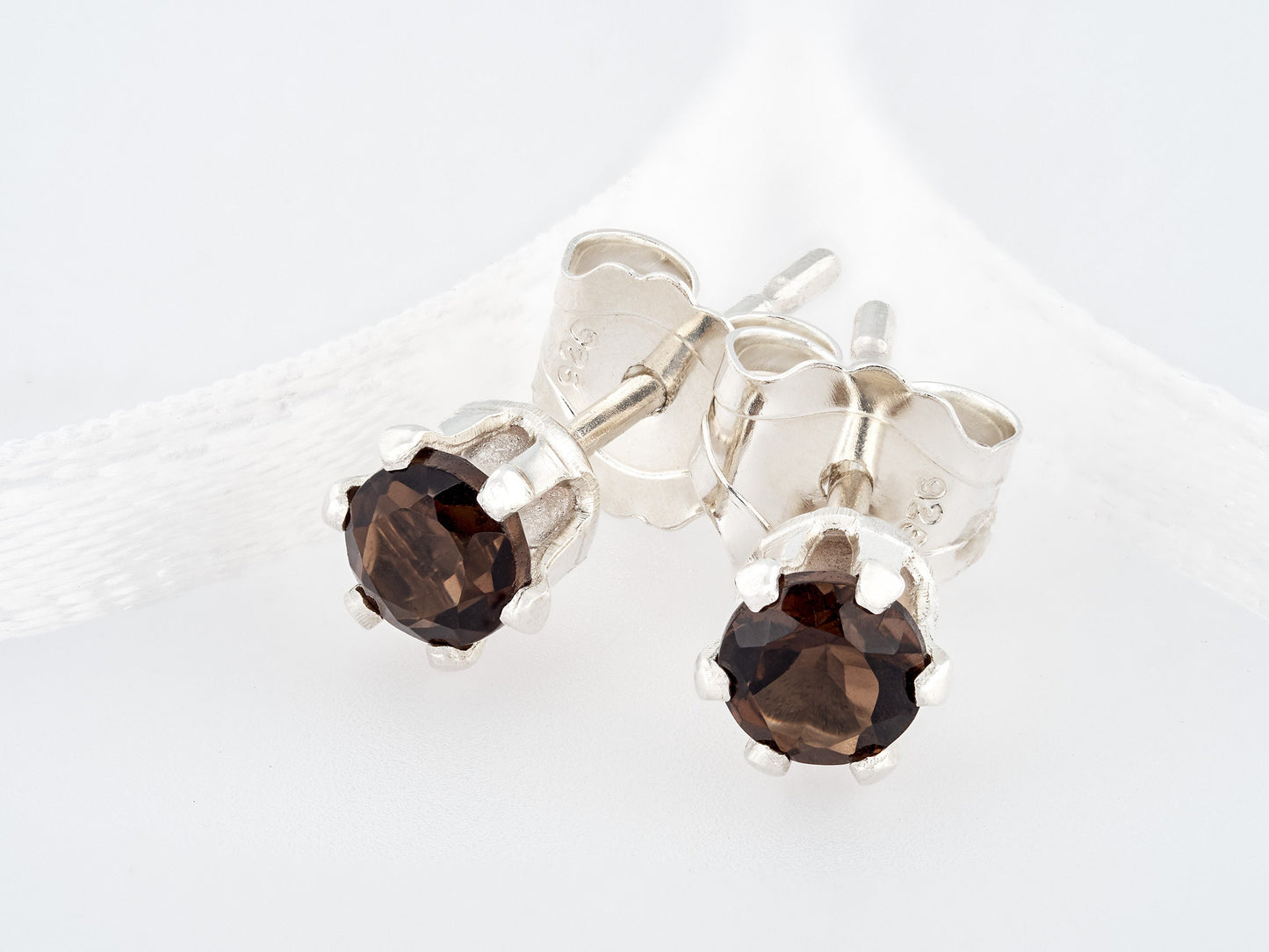 Natural Brazilian, Smoky Quartz Earrings - 3mm Diamond Cut. Beautiful Brown. Sterling Silver, 6-Prong Studs.