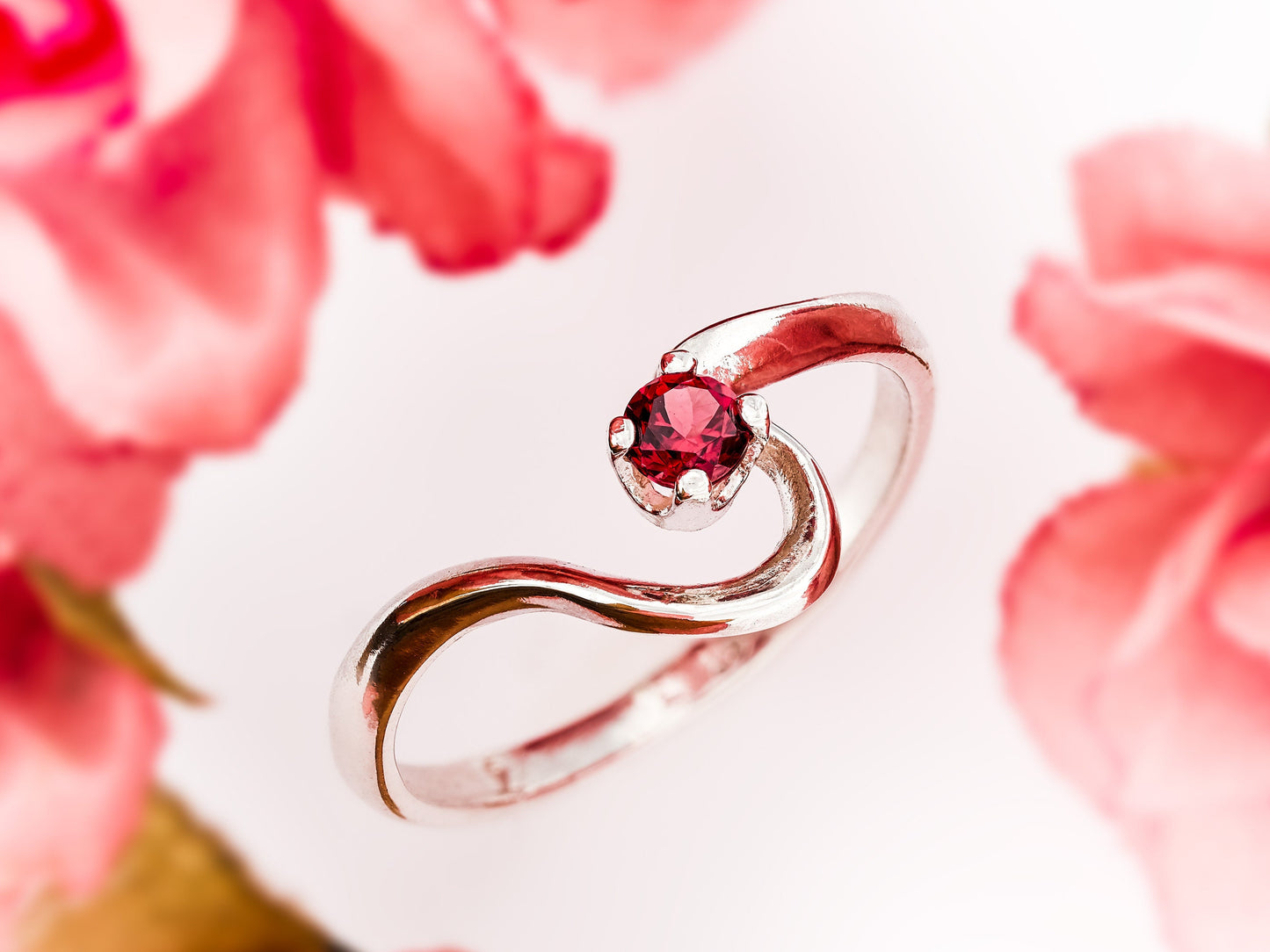 Natural Rhodolite Garnet Silver Ring! Pink, Purple, Red. January Birthstone. Half Heart. 3mm, Round, Faceted.