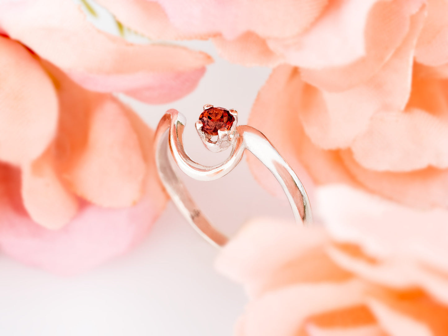 Natural Mozambique Garnet Silver Ring! Gorgeous Red! January Birthstone. Half Heart design. 3mm, Round, Faceted.