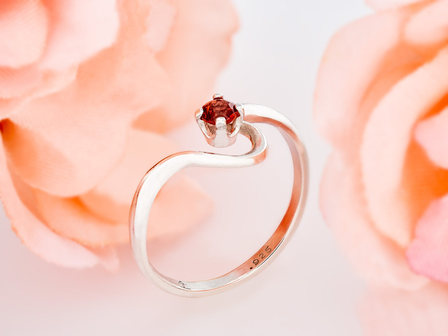 Natural Mozambique Garnet Silver Ring! Gorgeous Red! January Birthstone. Half Heart design. 3mm, Round, Faceted.