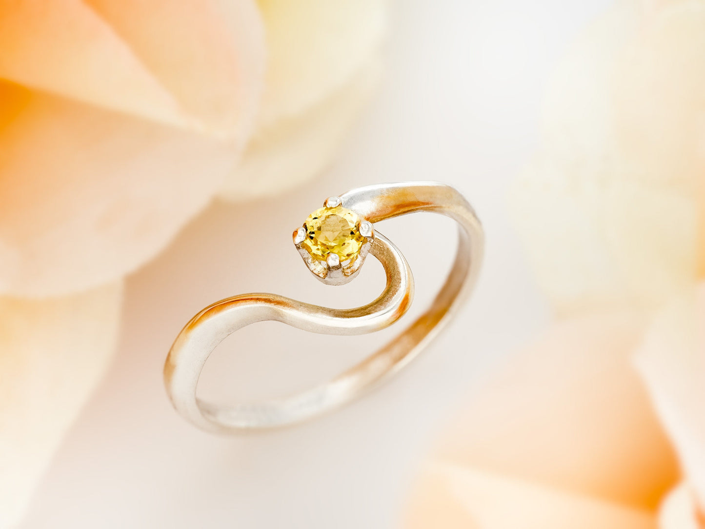 Natural Golden Yellow Beryl Ring! Half Heart style. 3mm Round, Faceted, Natural Yellow Beryl. Sterling Silver hook style ring.