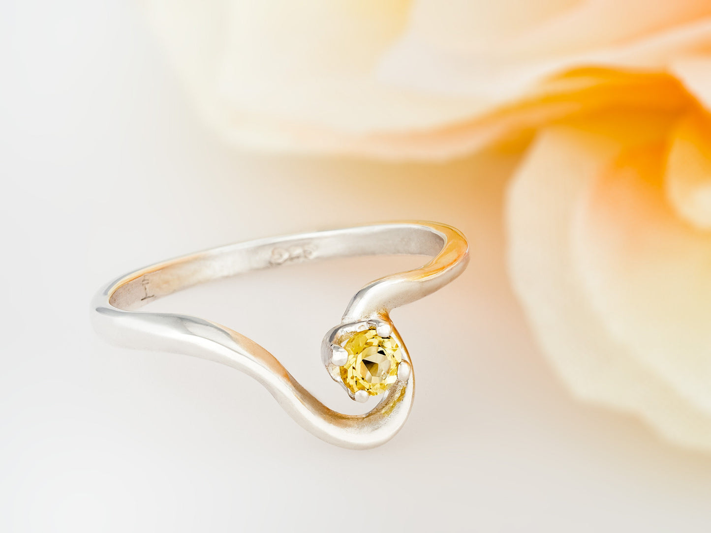 Natural Golden Yellow Beryl Ring! Half Heart style. 3mm Round, Faceted, Natural Yellow Beryl. Sterling Silver hook style ring.