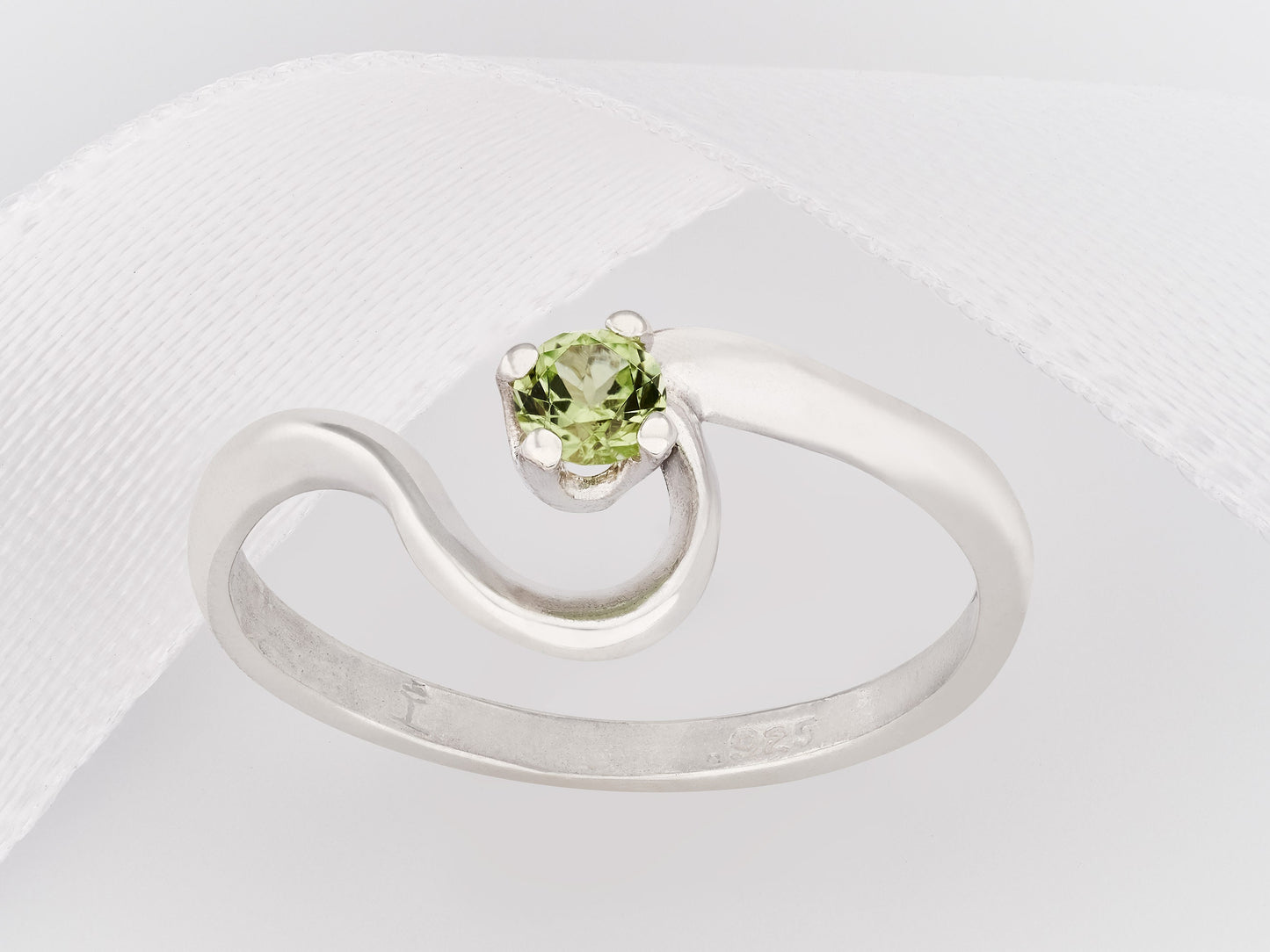 Peridot Silver Half Heart Ring.  3mm, Round Faceted, Natural Green Peridot Gemstone.