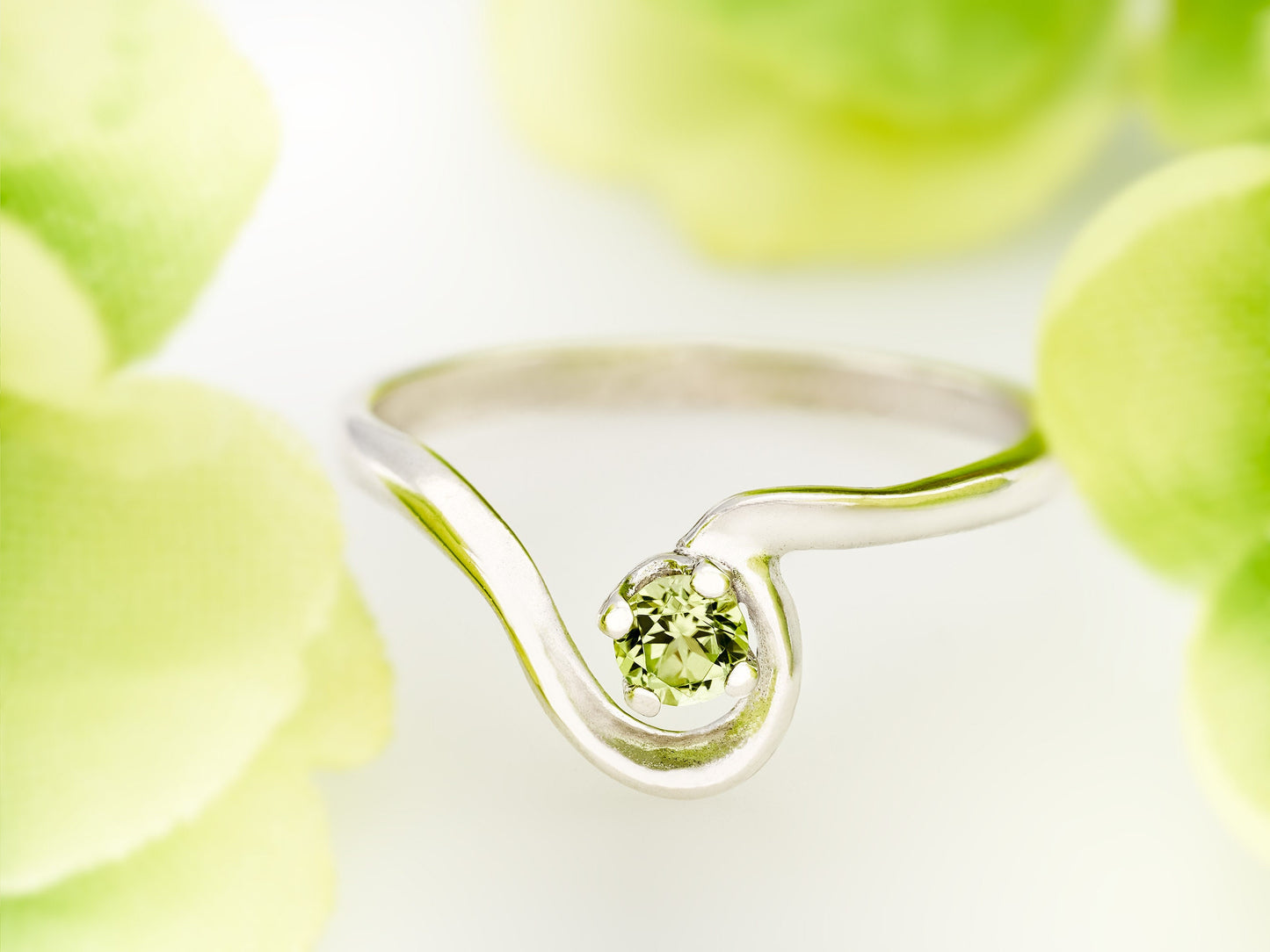 Peridot Silver Half Heart Ring.  3mm, Round Faceted, Natural Green Peridot Gemstone.