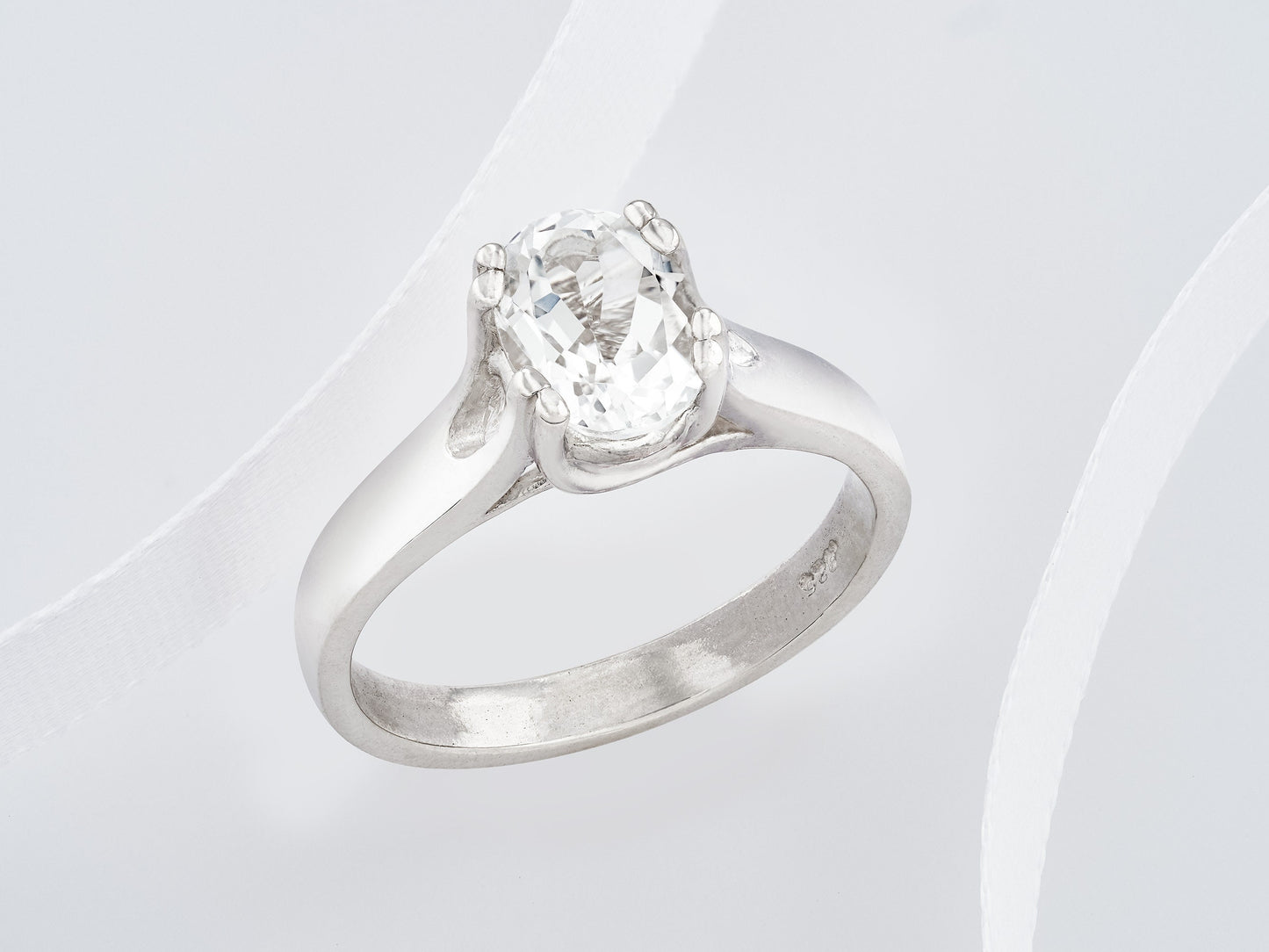 Gorgeous White Topaz Ring! Natural Gem from Brazil. Premium Silver. Wide band. Double 4-prong tray.