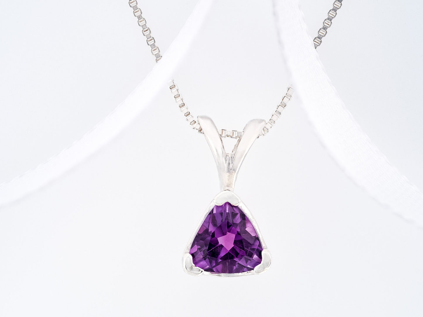 Deep Purple Trillion African Amethyst.  Natural, VVS clarity, 6mm. Handcrafted Sterling Silver pendant necklace.