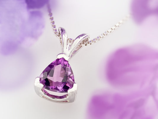 Deep Purple Trillion African Amethyst.  Natural, VVS clarity, 6mm. Handcrafted Sterling Silver pendant necklace.