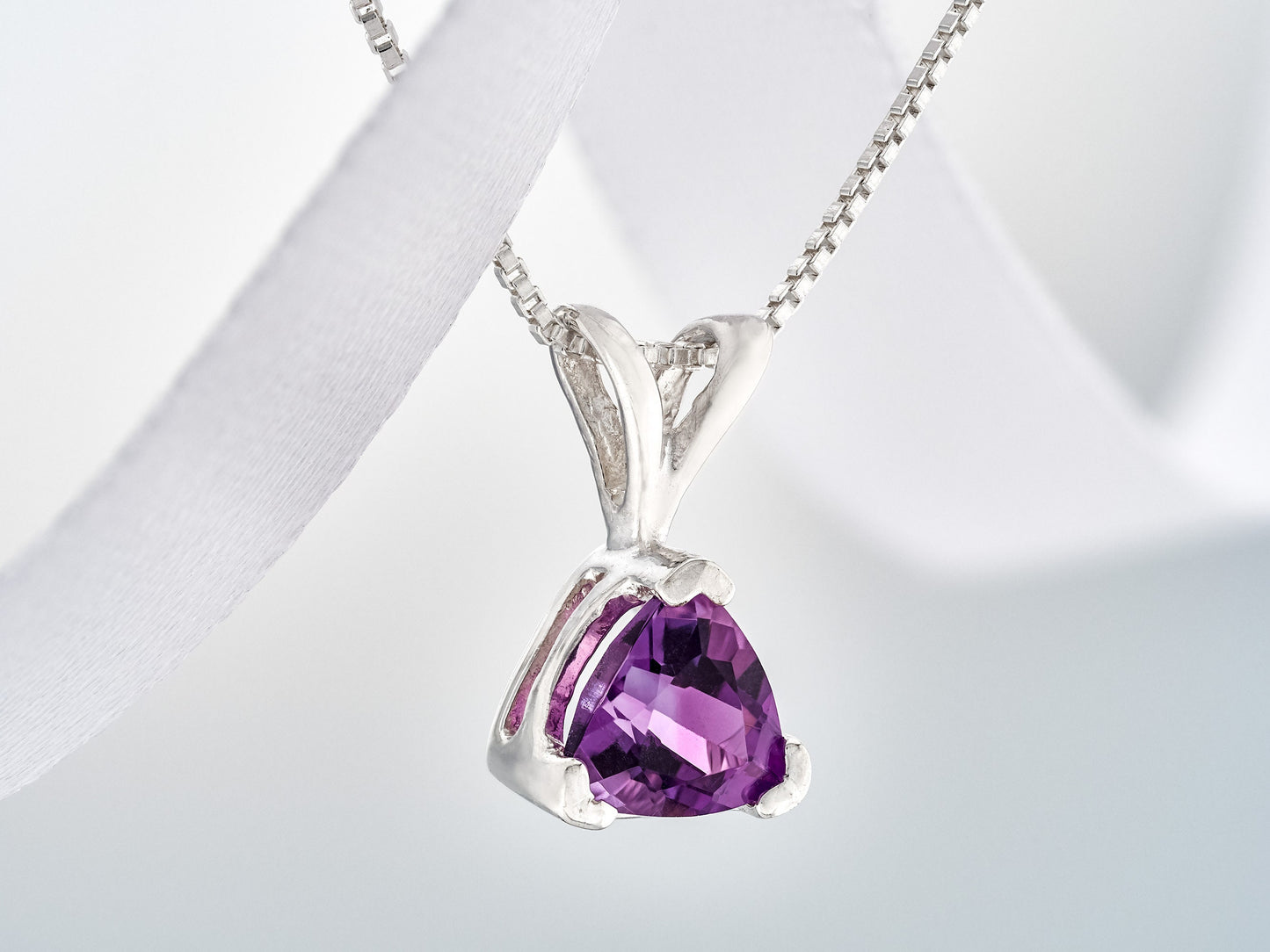 Deep Purple Trillion African Amethyst.  Natural, VVS clarity, 6mm. Handcrafted Sterling Silver pendant necklace.