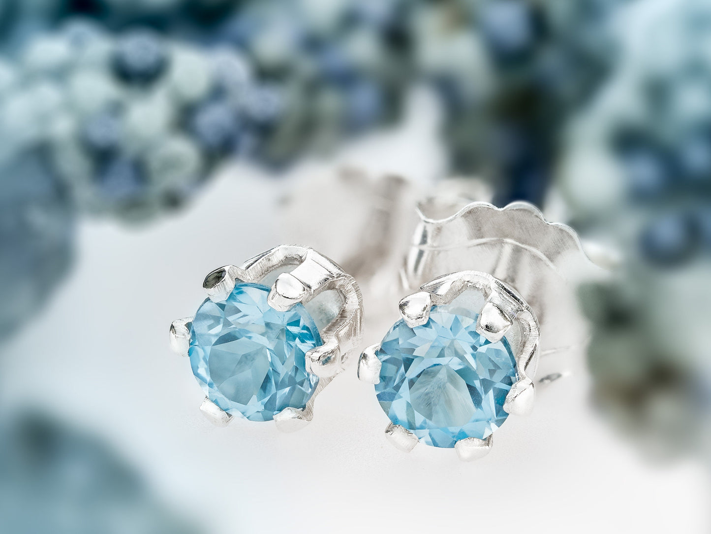 Wonderful Swiss Blue Topaz Earrings - 3mm Diamond Cut. Bright Gemstones. Sterling Silver, 6-Prong Studs.