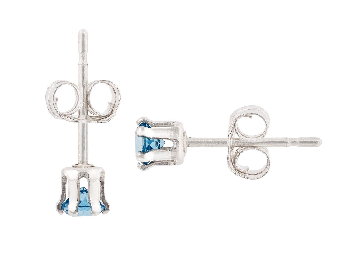 Wonderful Swiss Blue Topaz Earrings - 3mm Diamond Cut. Bright Gemstones. Sterling Silver, 6-Prong Studs.