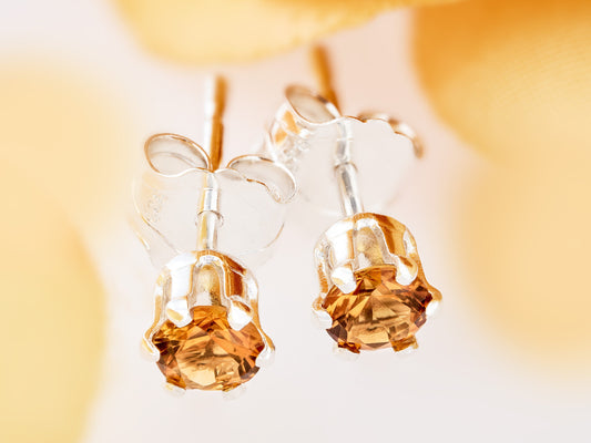 Golden Yellow - Orange  Citrine Earrings - 3mm Dia Cut.  Grade AAA. Sterling Silver, 6-Prong Studs.