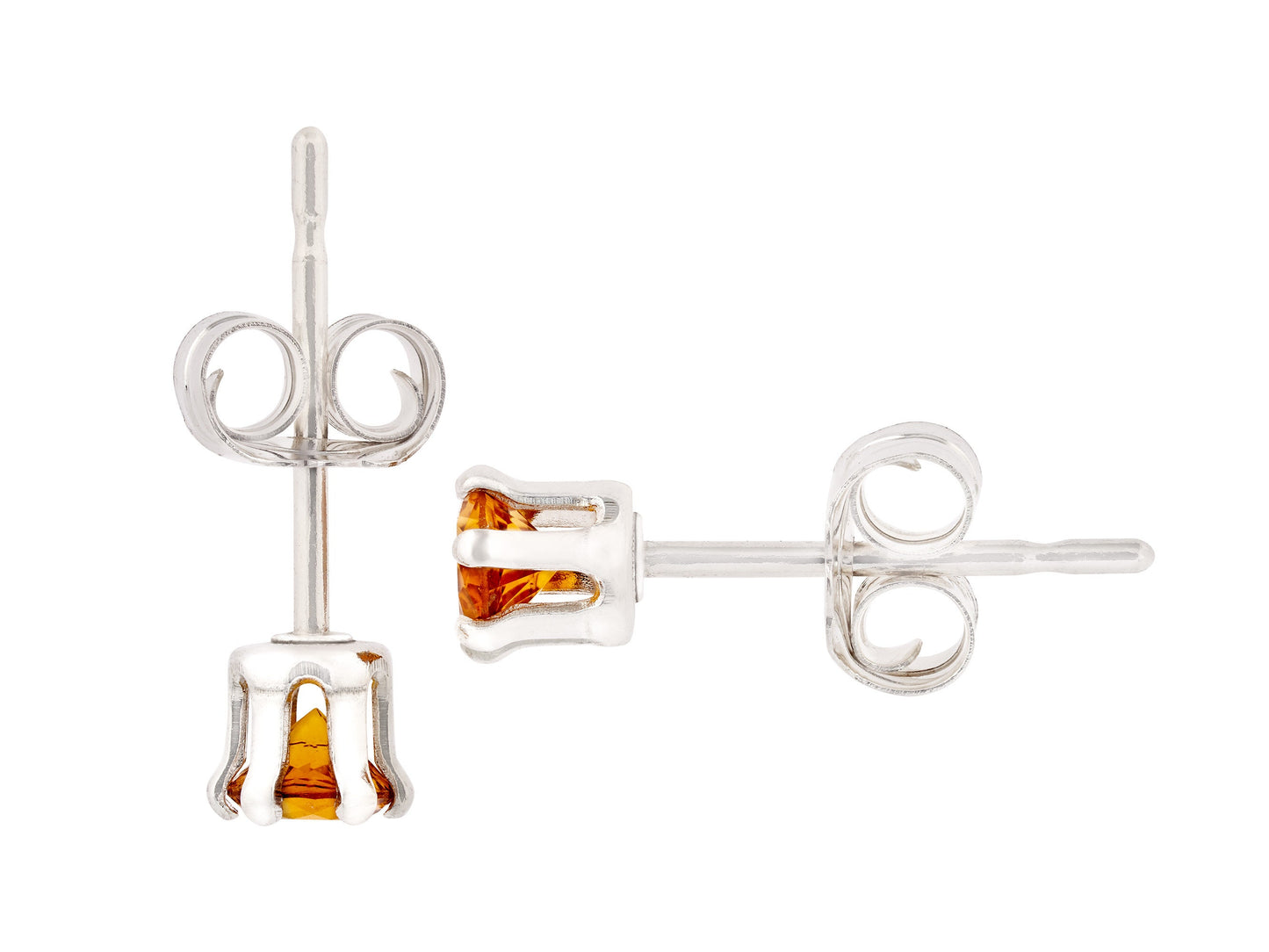 Golden Yellow - Orange  Citrine Earrings - 3mm Dia Cut.  Grade AAA. Sterling Silver, 6-Prong Studs.