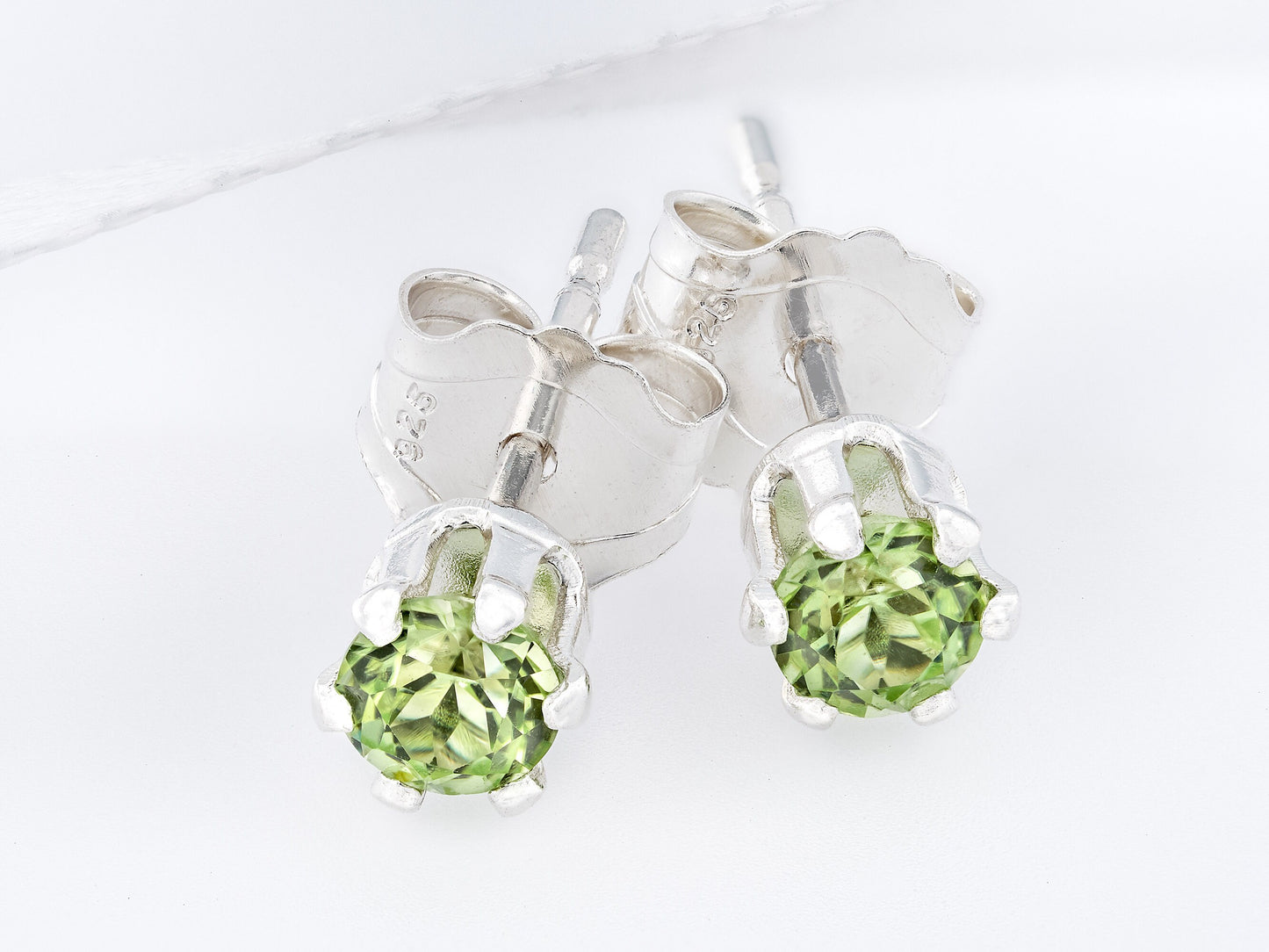 Genuine, Bright August Green Peridot Earrings. 3mm round, faceted. 6-Prong, Sterling Silver.