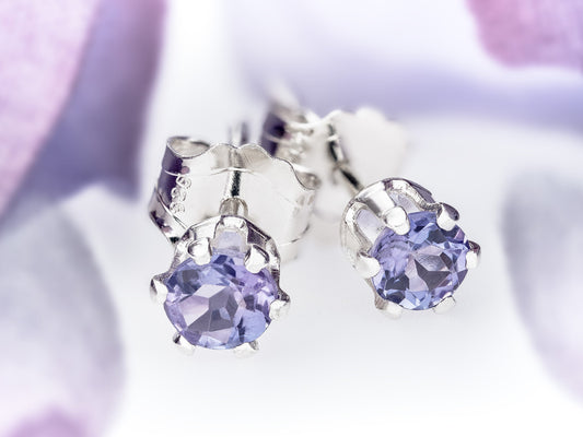 Tanzanite Earrings - 3mm Diamond Cut. Violet to Light Purple Color. Sterling Silver, 6-Prong Studs.