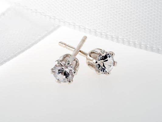 Natural White Sapphire Earrings - 3mm Diamond Cut, Ceylon, Sri Lanka. Sterling Silver, 6-Prong Studs.