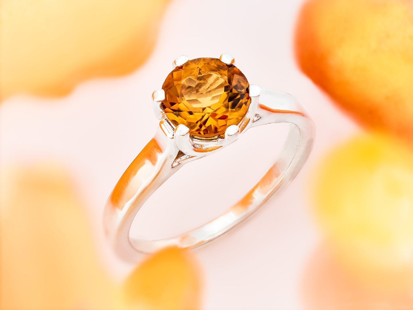 Bright, sparkling golden yellow orange citrine ring from Brazil! 7mm round, faceted, natural grade AAA citrine. weave cathedral style.