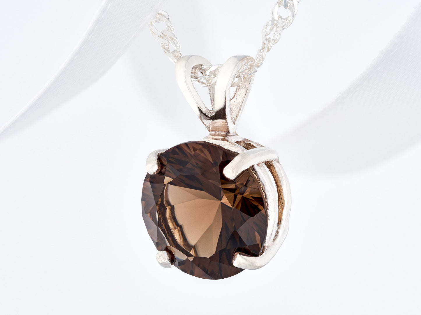 Natural, Large Brazilian Smoky Quartz Pendant Necklace! 10mm Round Concave Cut, Grade AAA. Premium Sterling Silver.