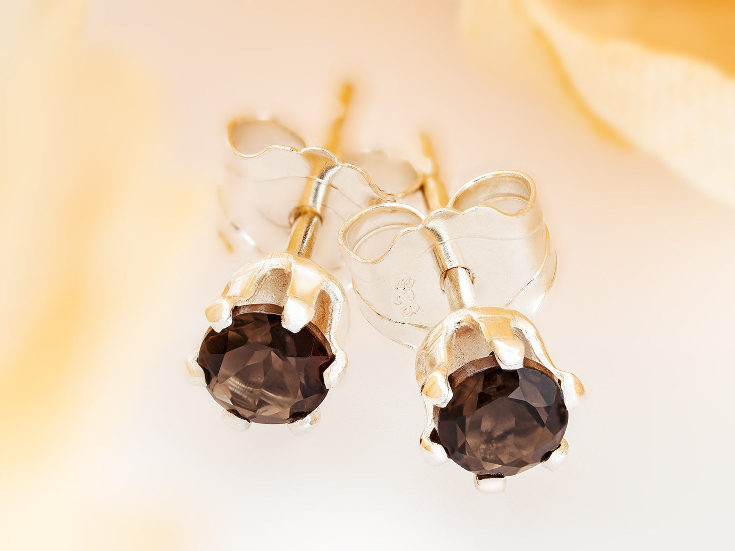 Natural Brazilian, Smoky Quartz Earrings - 3mm Diamond Cut. Beautiful Brown. Sterling Silver, 6-Prong Studs.