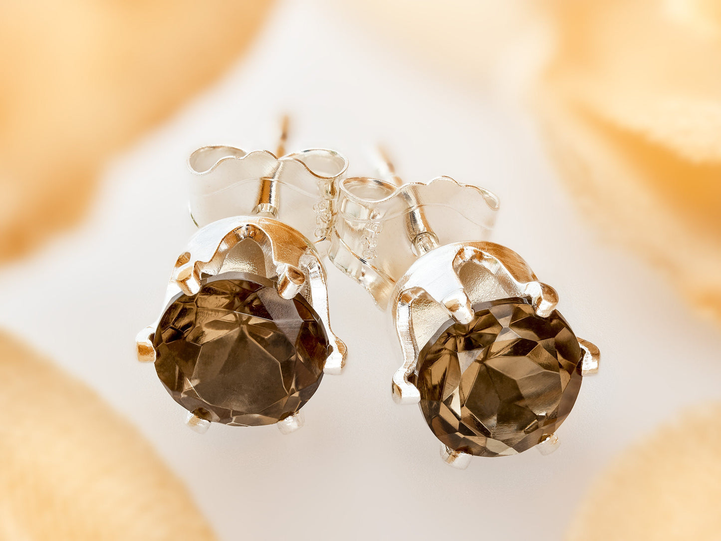 Natural Smoky Quartz 5mm Round Stud Earrings!  5mm, round, faceted, diamond cut gemstones set in silver.