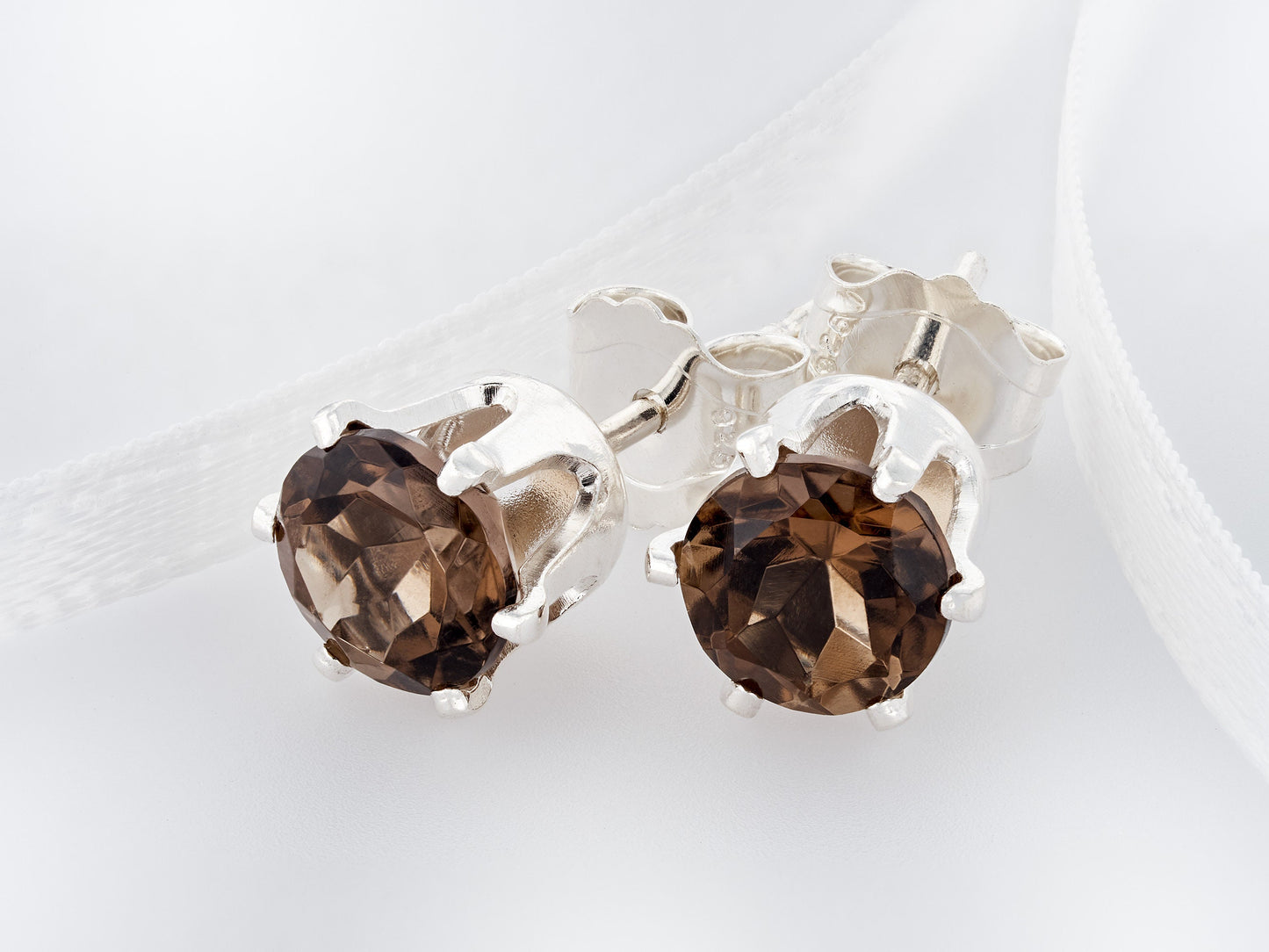 Natural Smoky Quartz 5mm Round Stud Earrings!  5mm, round, faceted, diamond cut gemstones set in silver.