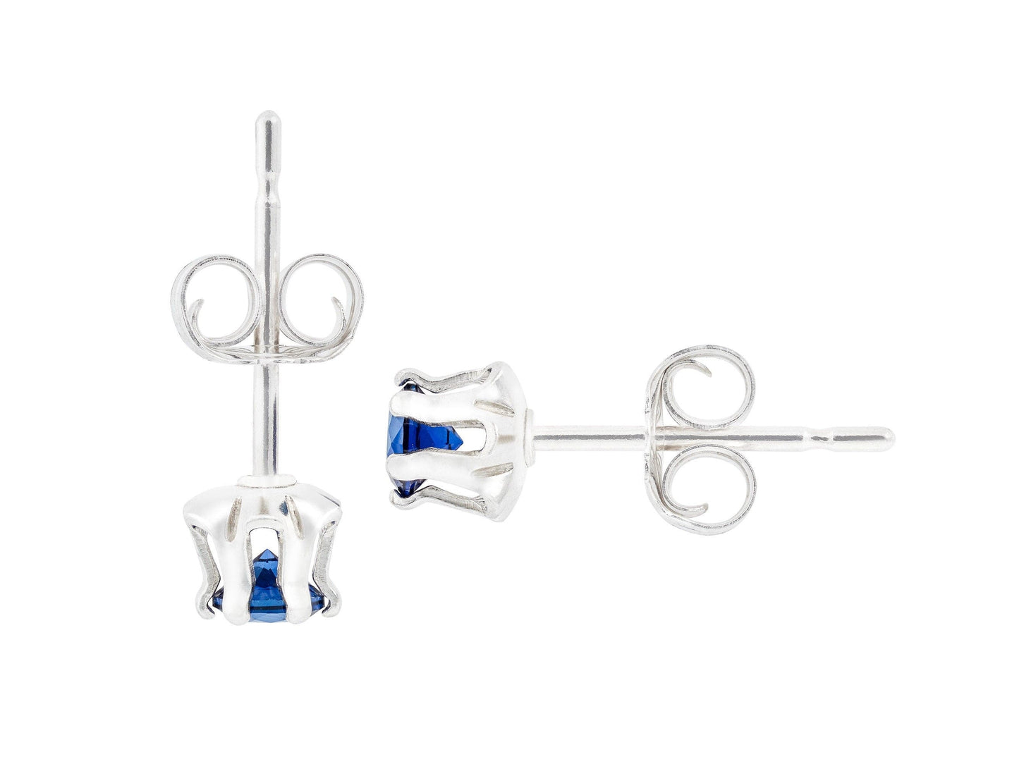 Beautiful Medium Dark Blue Sapphire Earrings. 3mm Round. Chatham Gemstones. Sterling Silver, 6-Prong Studs, Buttercup style.