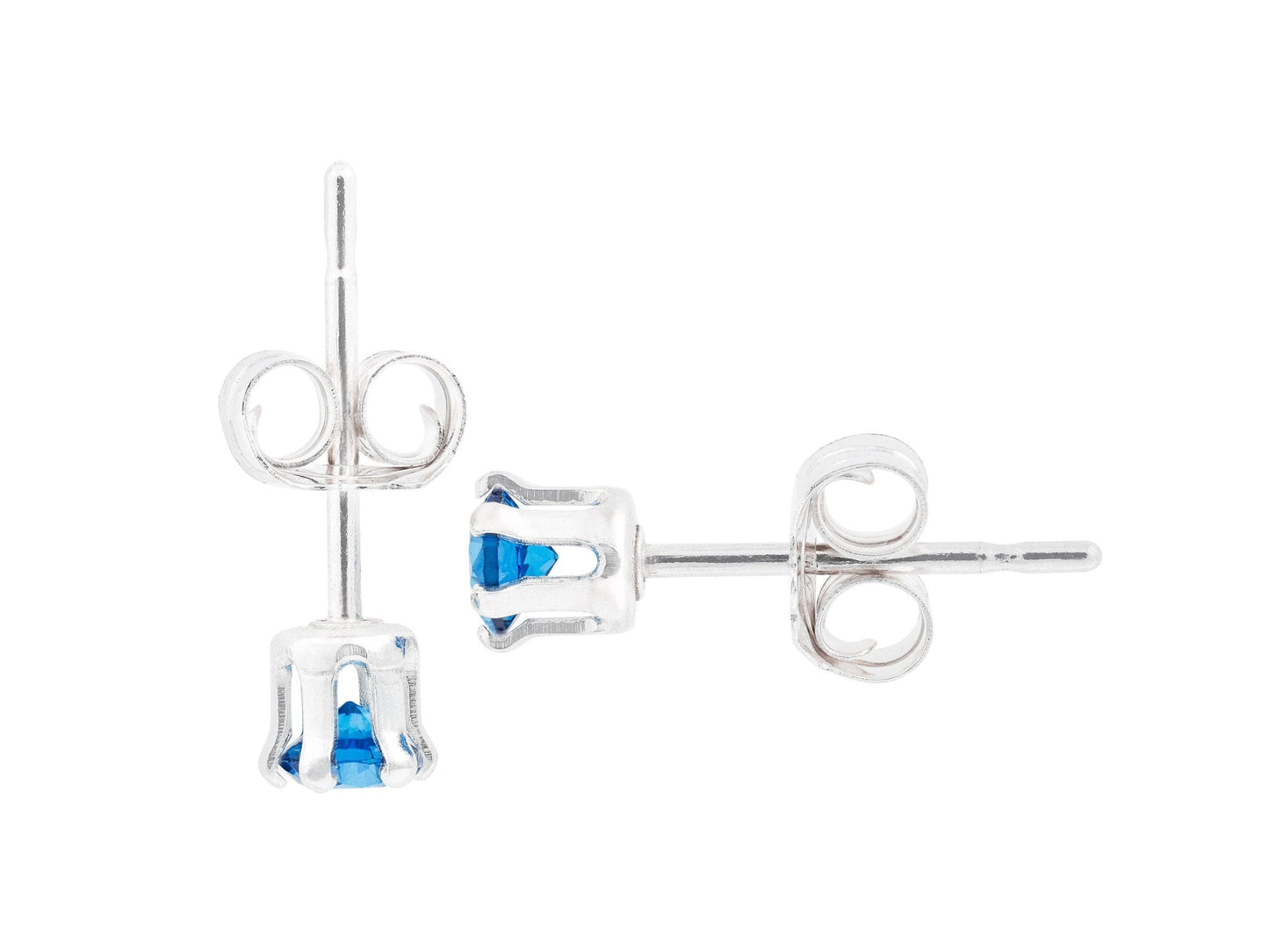 Vivid Medium Royal Blue Sapphire Earrings. 3mm Round. Chatham Gemstones. Sterling Silver, 6-Prong Classic settings.