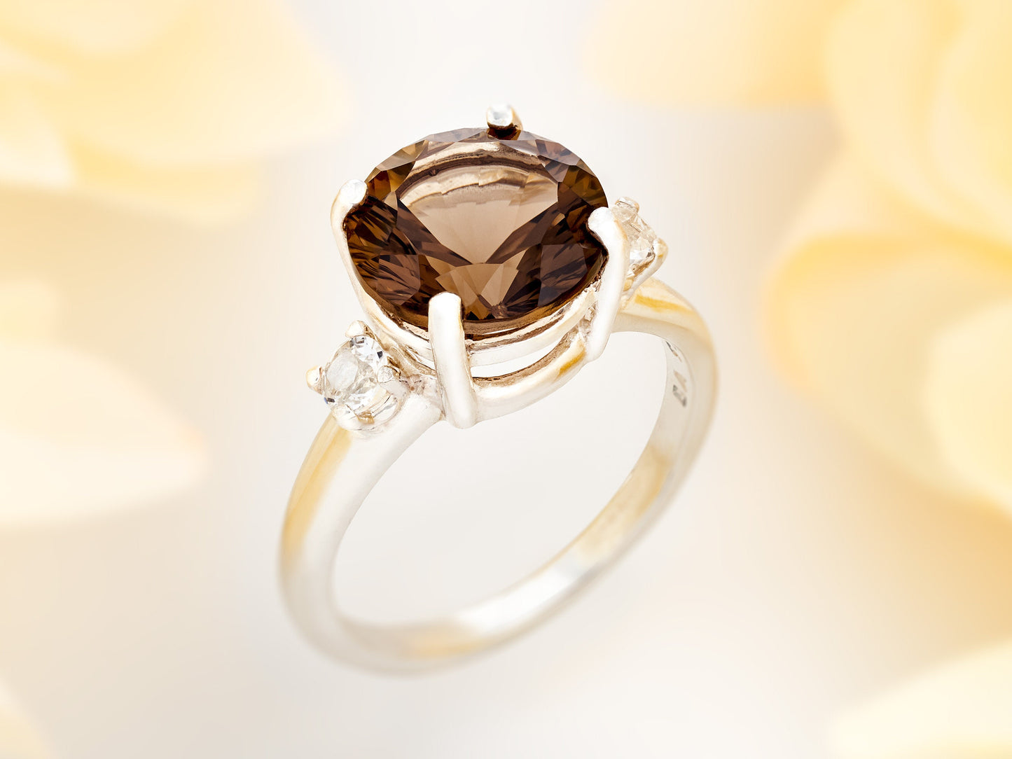 Concave Cut Smoky Quartz Ring. 10mm round, rich brown. Cut to perfection, Grade AAA. 2 x 3mm White Topaz Accents. Premium Silver.