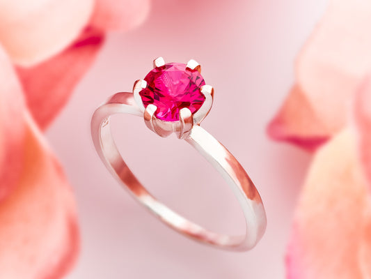 Intense Premium Silver Ruby Ring.  Bright, sparkling red.  Simulated Lab Gemstone.  6mm round faceted, 1+ carat.