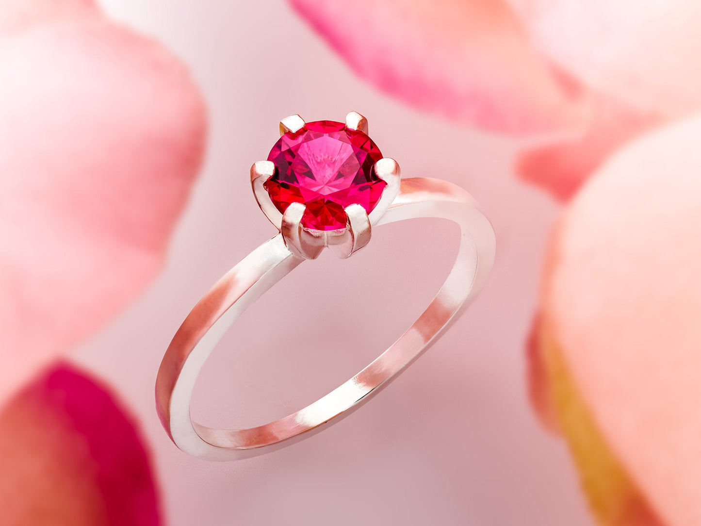 Intense Premium Silver Ruby Ring.  Bright, sparkling red.  Simulated Lab Gemstone.  6mm round faceted, 1+ carat.