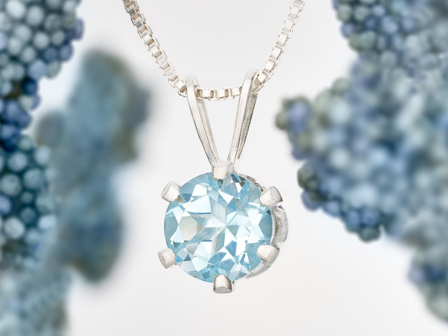 Classic Sky Blue Topaz Necklace. Round, 6mm, Natural Brazilian Gemstone in a 6-Prong, Sterling Silver Pendant.