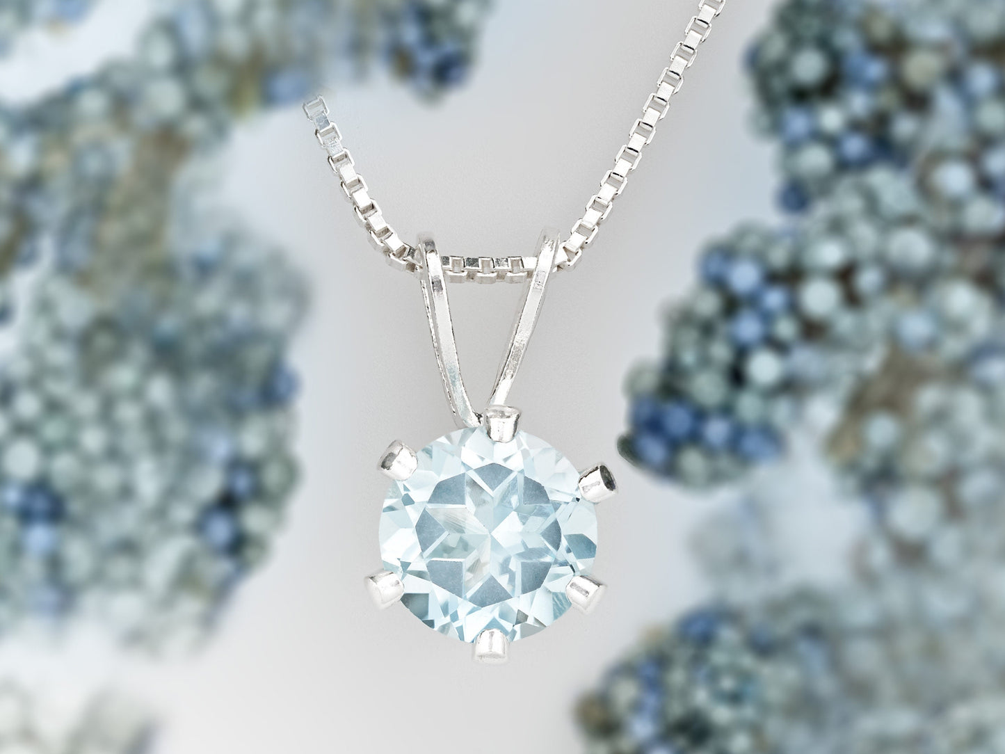 Classic Sky Blue Topaz Necklace. Round, 6mm, Natural Brazilian Gemstone in a 6-Prong, Sterling Silver Pendant.