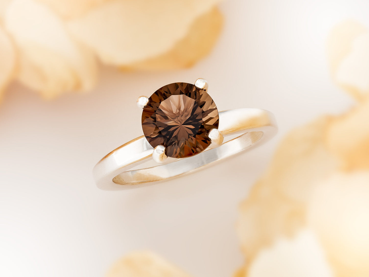 Special Cut Natural Smoky Quartz Ring. 8mm round concave cut, rich brown. Authentic, cut to perfection, Grade AAA. Premium Silver solitaire