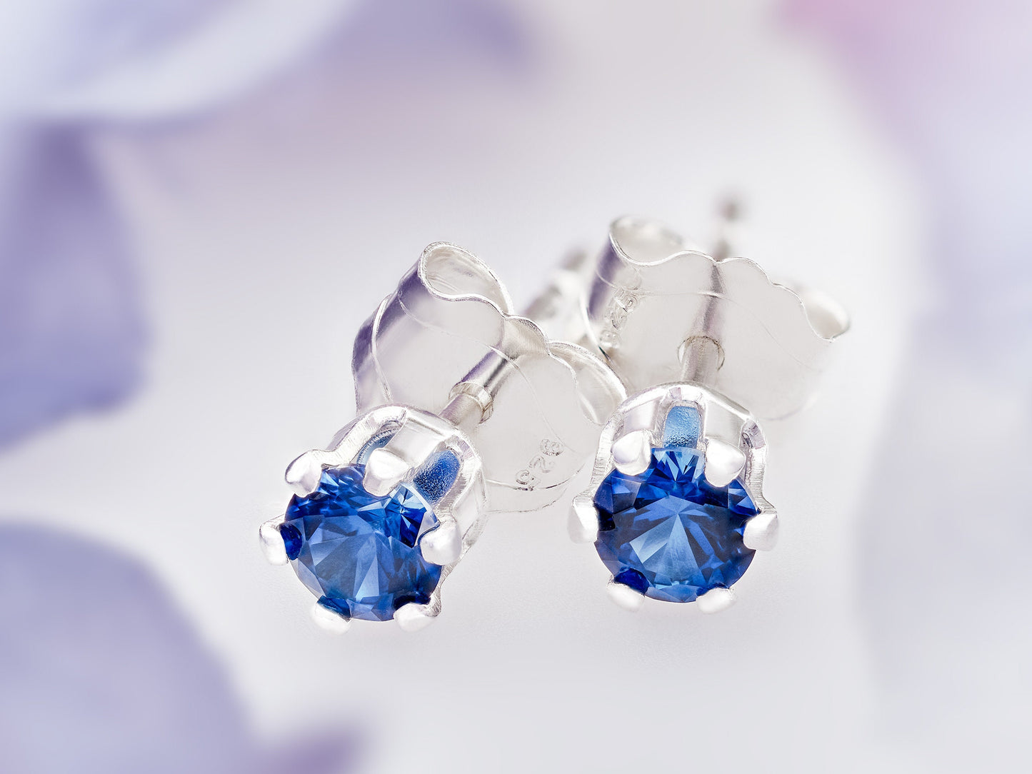 Velvety medium Blue Sapphire Earrings. 3mm round Chatham gemstones. 6-prong sterling silver studs.