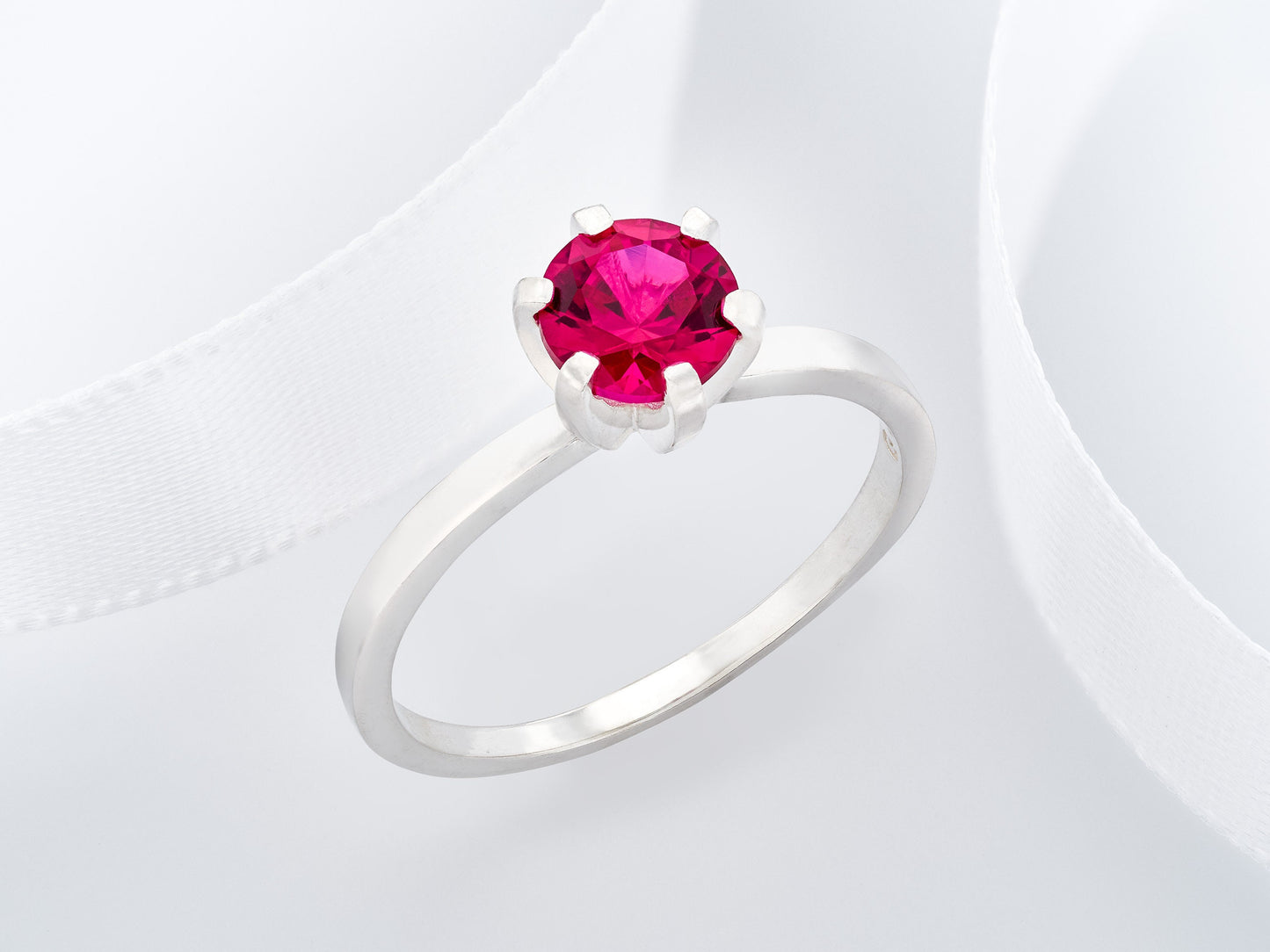 Intense Premium Silver Ruby Ring.  Bright, sparkling red.  Simulated Lab Gemstone.  6mm round faceted, 1+ carat.