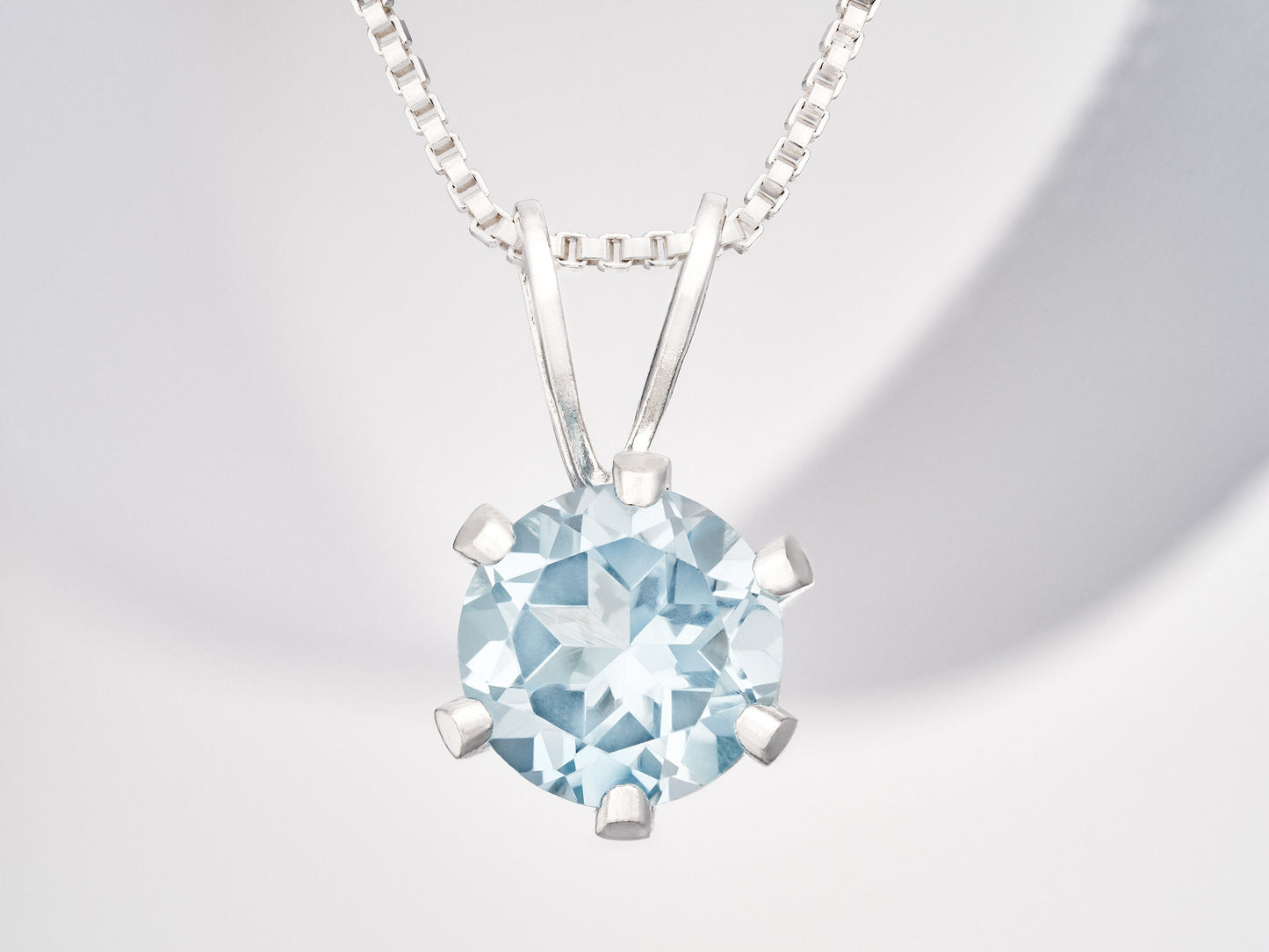 Classic Sky Blue Topaz Necklace. Round, 6mm, Natural Brazilian Gemstone in a 6-Prong, Sterling Silver Pendant.