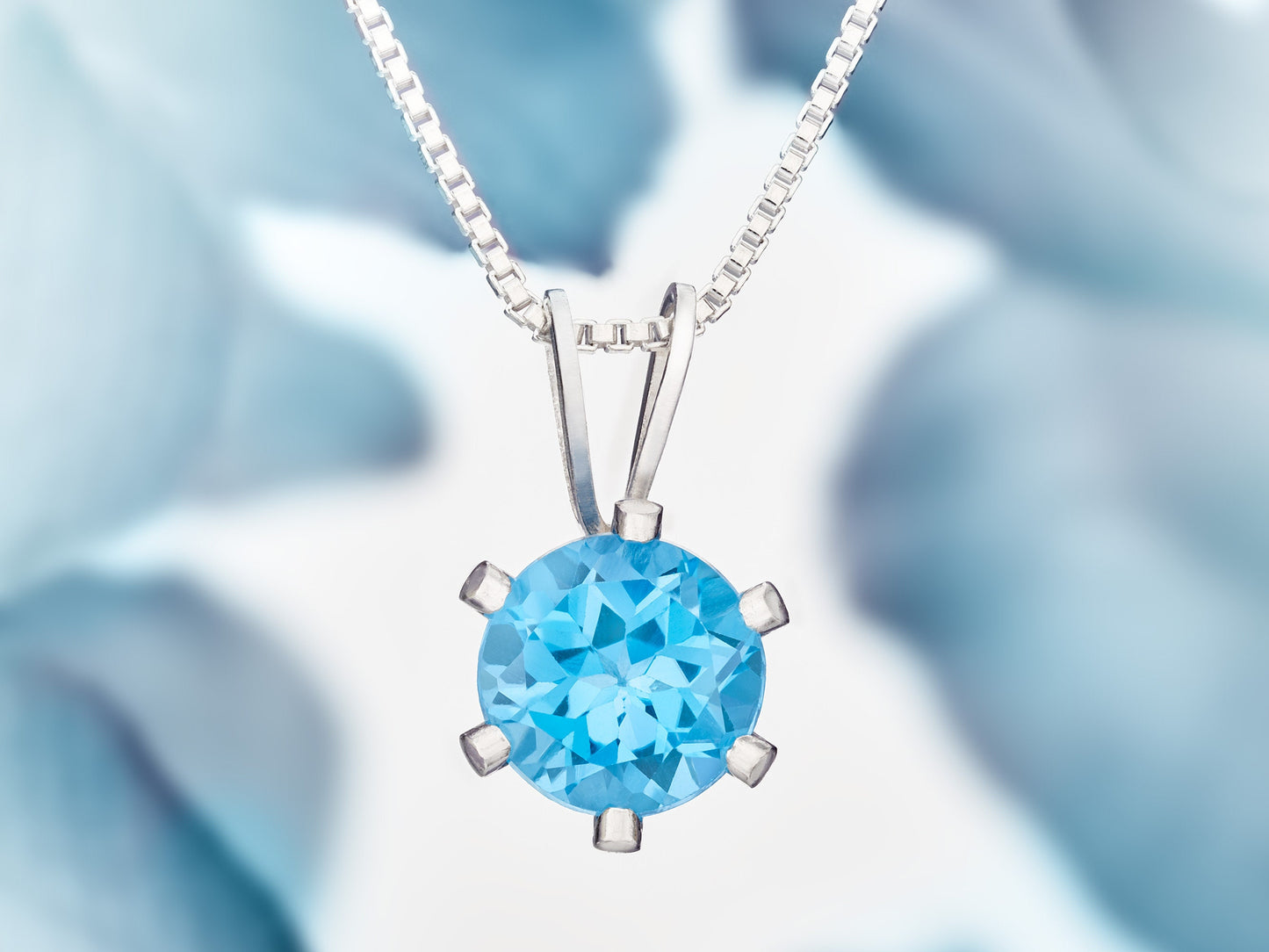 Vivid Swiss Blue Topaz Necklace. Round, 6mm, Natural Brazilian Gemstone in a 6-Prong, Sterling Silver Pendant. Great clarity and sparkle!