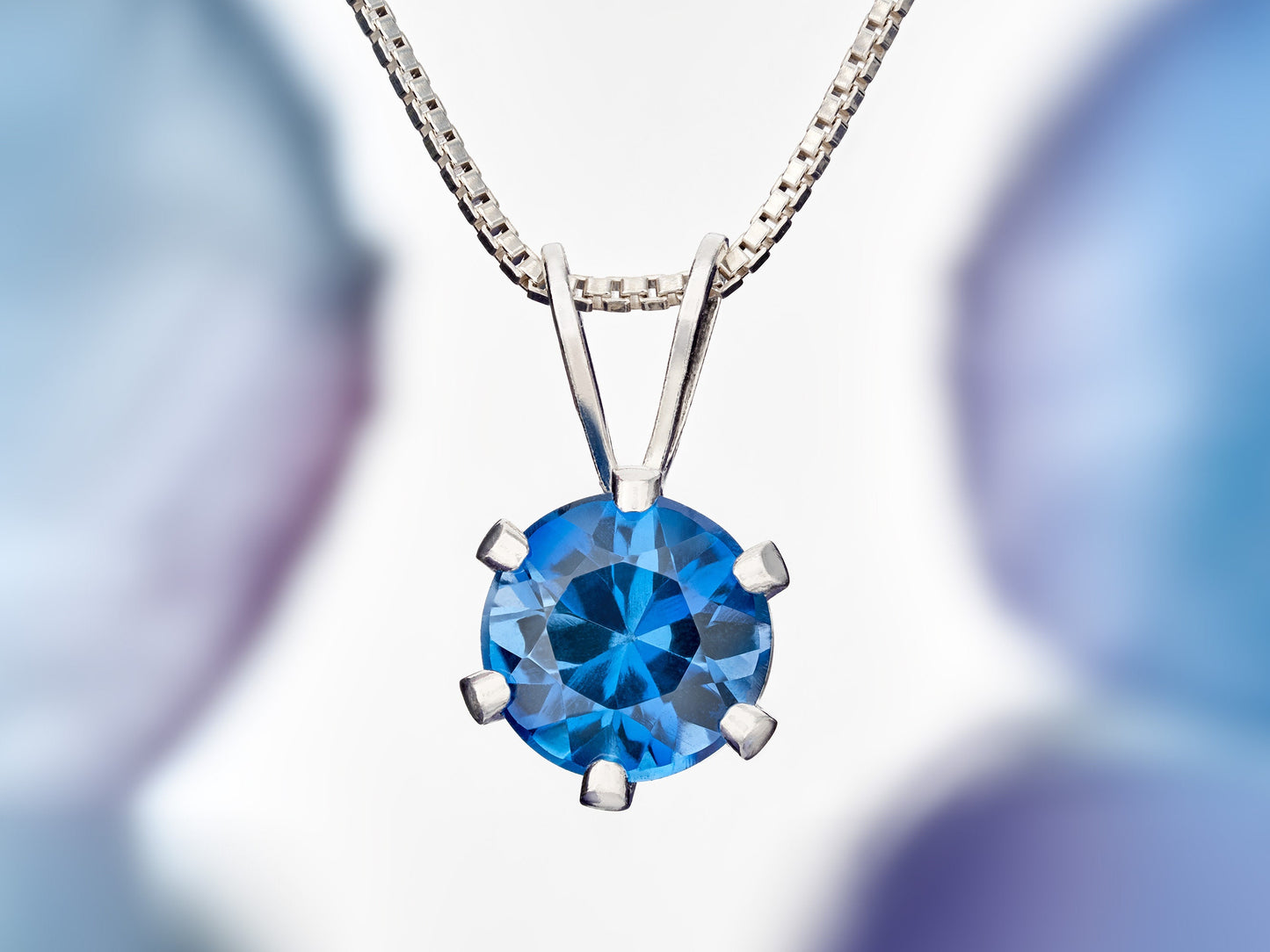 Intense London Blue Topaz Necklace. Round, 6mm, Natural Brazilian Gemstone in a 6-Prong, Sterling Silver Pendant.