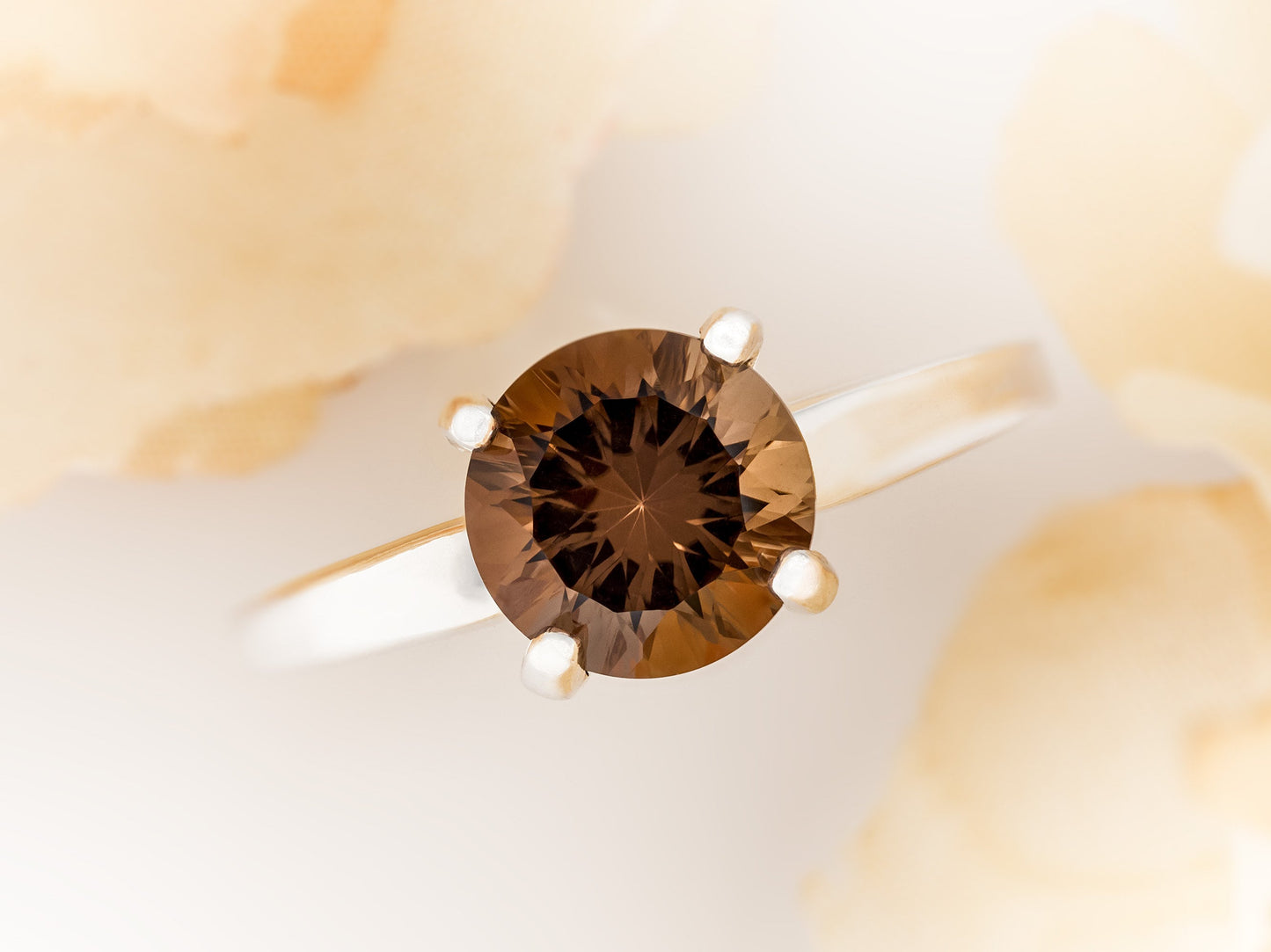 Special Cut Natural Smoky Quartz Ring. 8mm round concave cut, rich brown. Authentic, cut to perfection, Grade AAA. Premium Silver solitaire