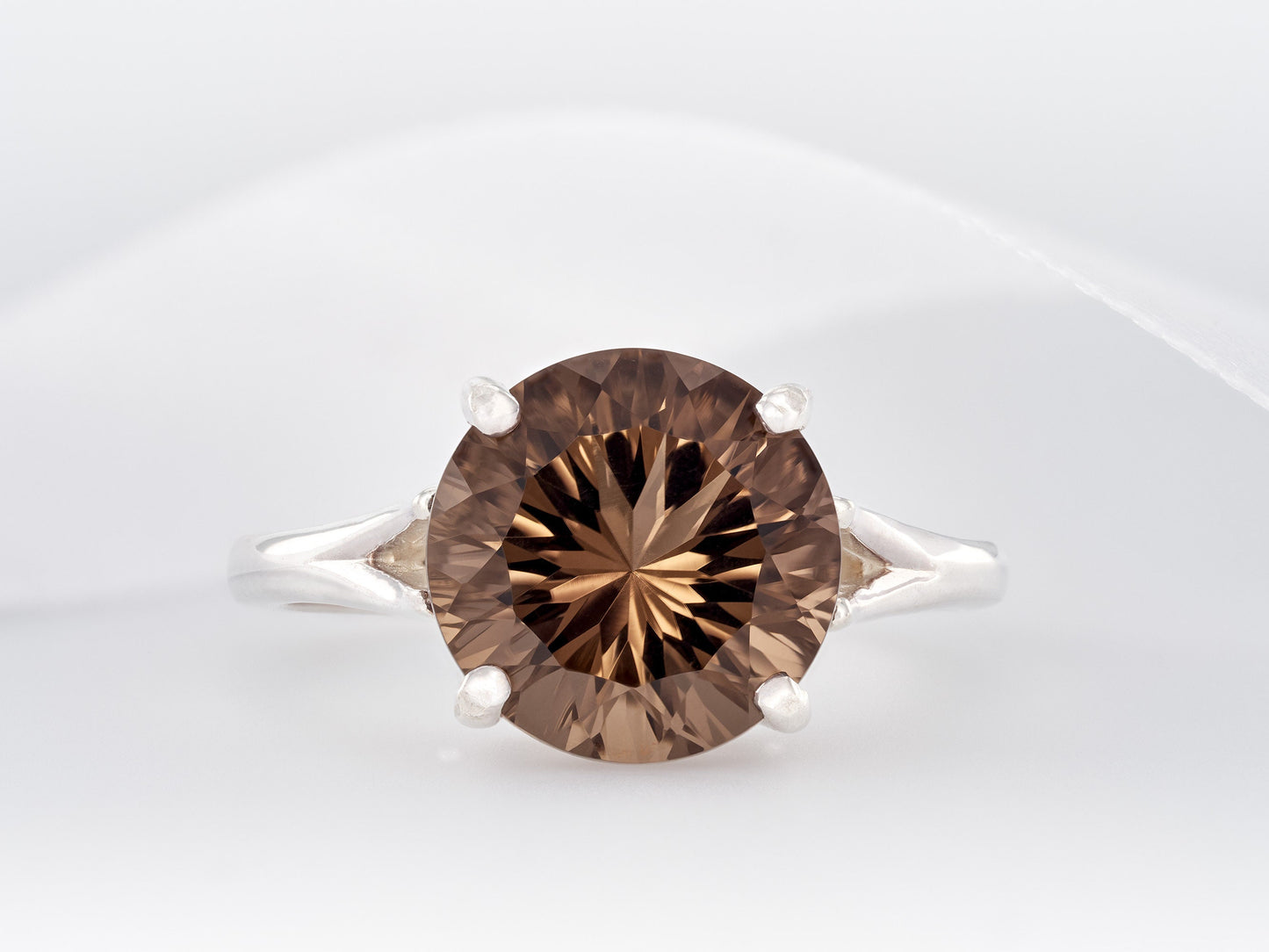 Concave cut Smoky Quartz gemstone solitaire premium silver ring from Brazil. Rich Brown Sparkling, 10mm round cut to perfection.