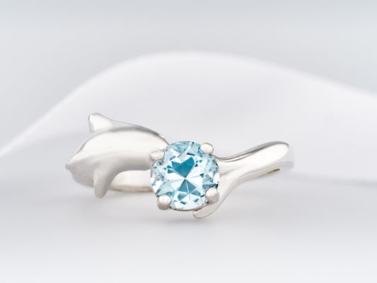 Blue topaz Dolphin ring. Natural, 6mm sky blue Topaz gemstone set in handmade premium silver ring.