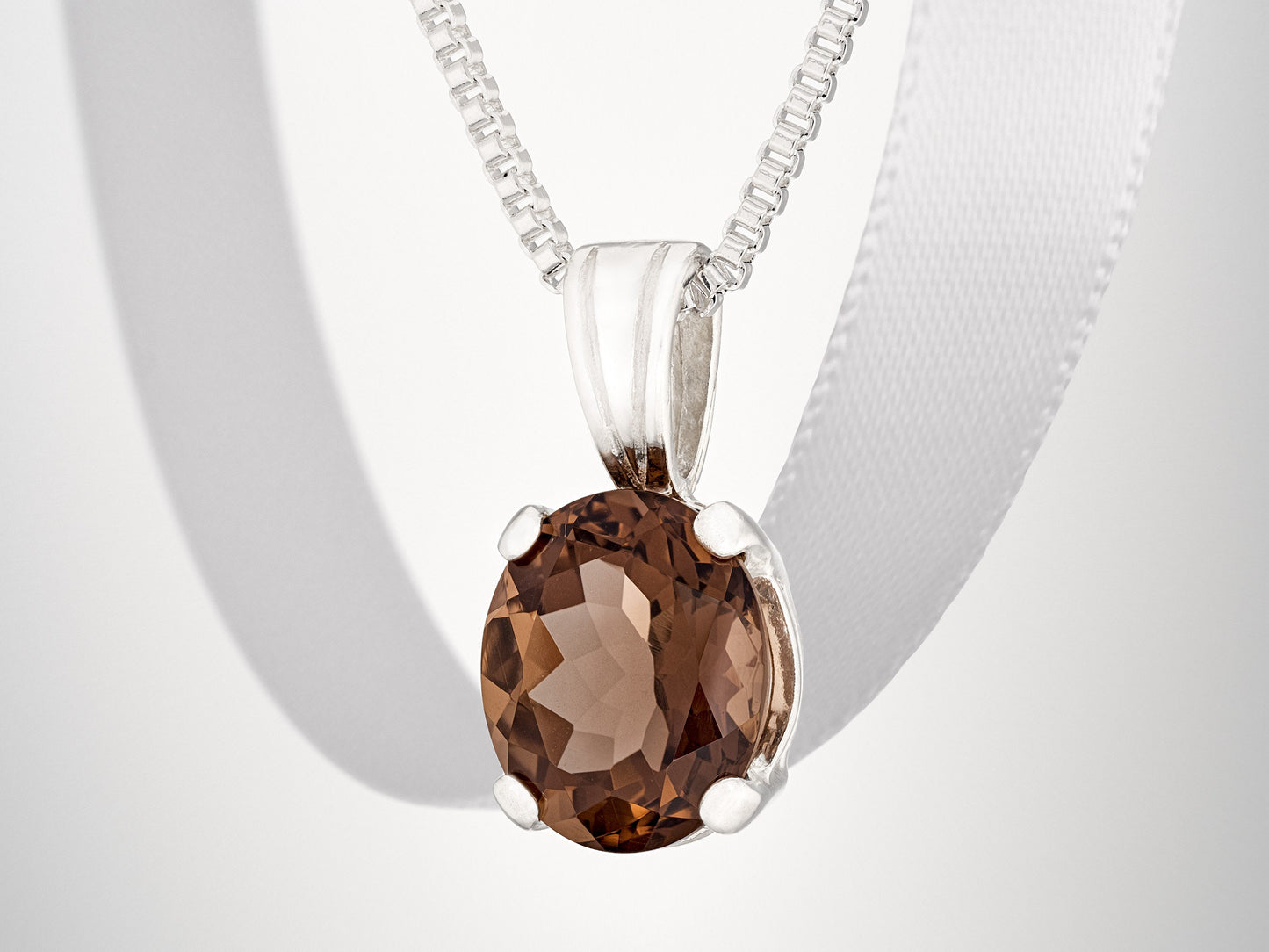 Natural Grade AAA Smoky Quartz Necklace. Sterling Silver, 4-Prong Pendant with Multiple Chain Options.