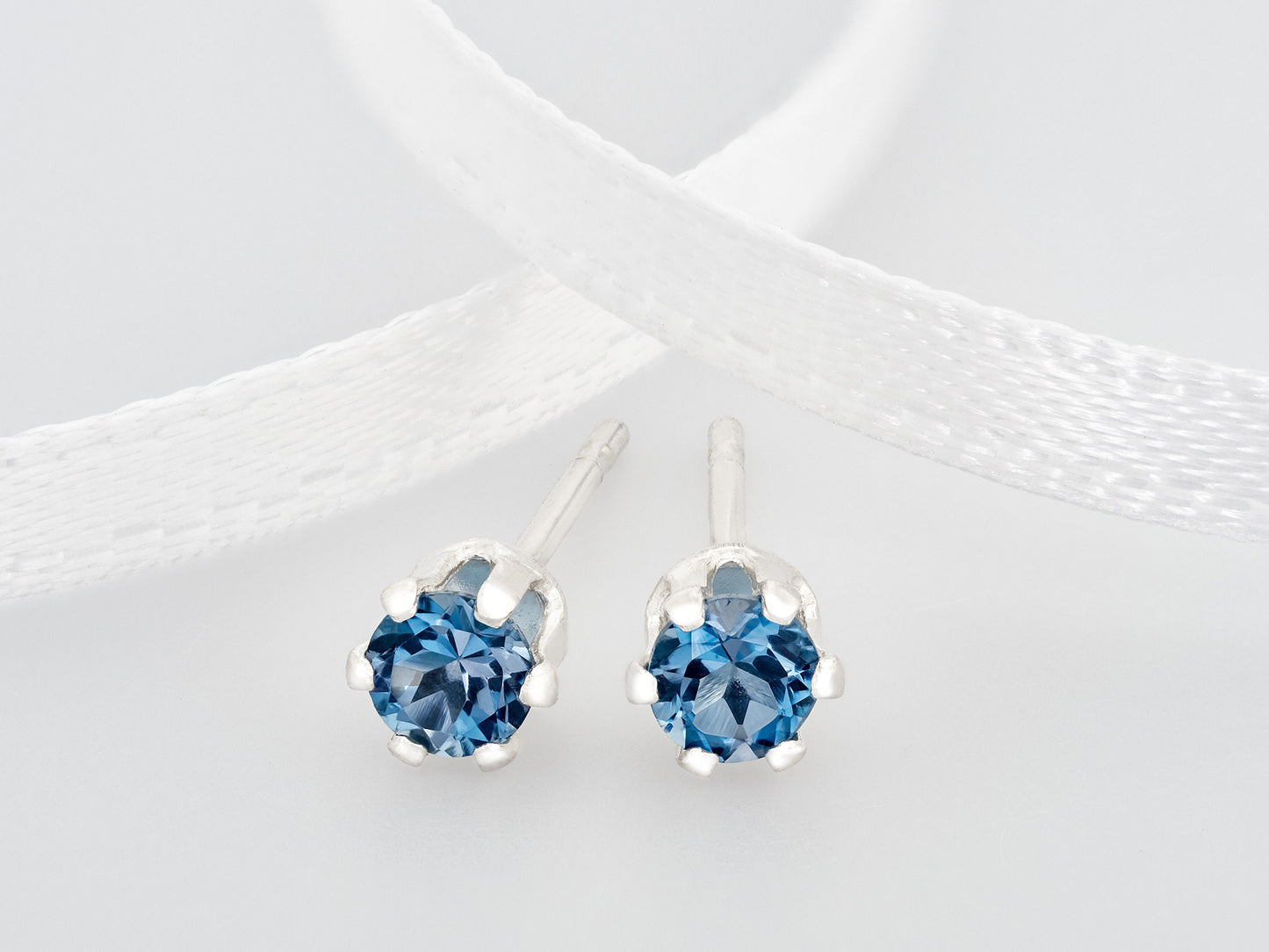 London Blue Topaz Earrings - 3mm Round Brilliant Cut.  Beautiful Dark Blue.  Sterling Silver, 6-Prong Studs.