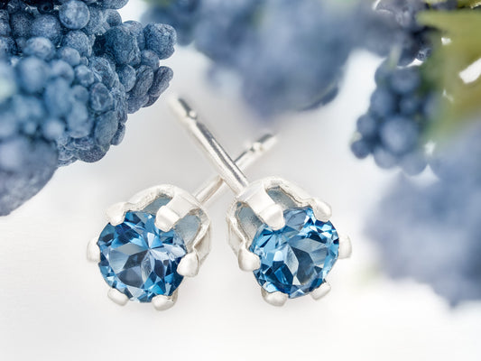 London Blue Topaz Earrings - 3mm Round Brilliant Cut.  Beautiful Dark Blue.  Sterling Silver, 6-Prong Studs.